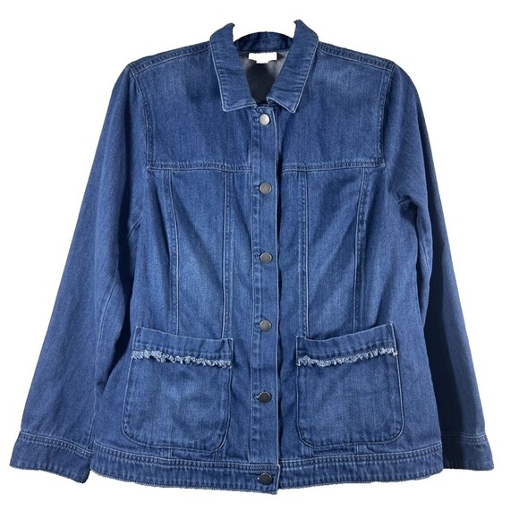 J Jill Denim Blue Jean Size Medium Fringe Trim Button 100% Cotton Shacket - Picture 2 of 12